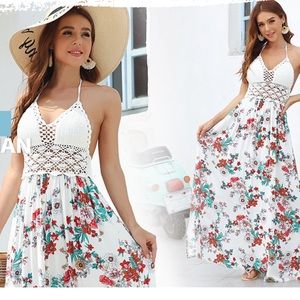 Women's Floral and Crochet Backless Bohemian Maxi Dress Size Small